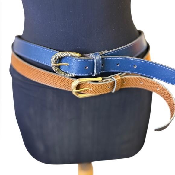 Vintage Blue and Brown Leather Belts with Gold Buckles - Picture 3 of 10
